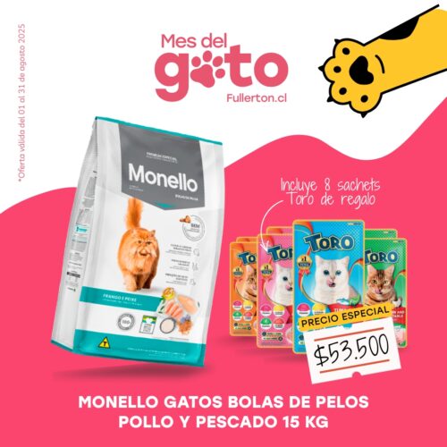 MONELLO GATOS BOLAS DE PELOS POLLO Y PESCADO 15 KG